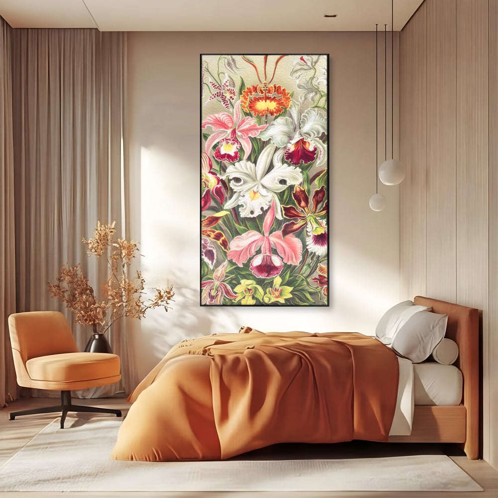 Tablou canvas cu ilustratie botanica cu orhidee multicolore, in rama de aluminiu negru, pe perete intr-un dormitor